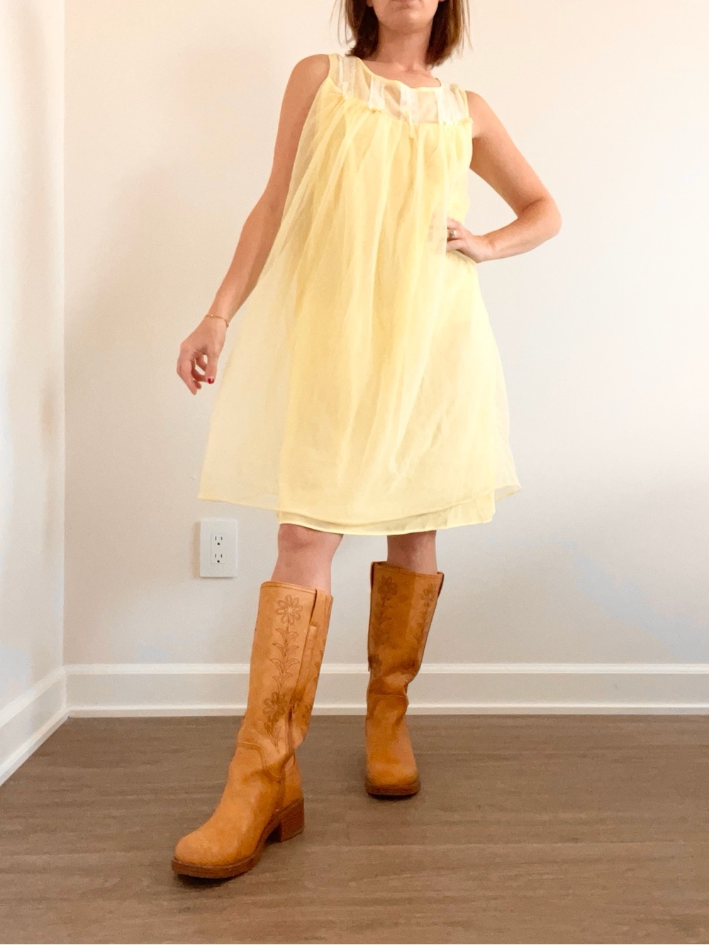 Vintage Sleeveless Yellow Chiffon Dress with Sheer Yoke